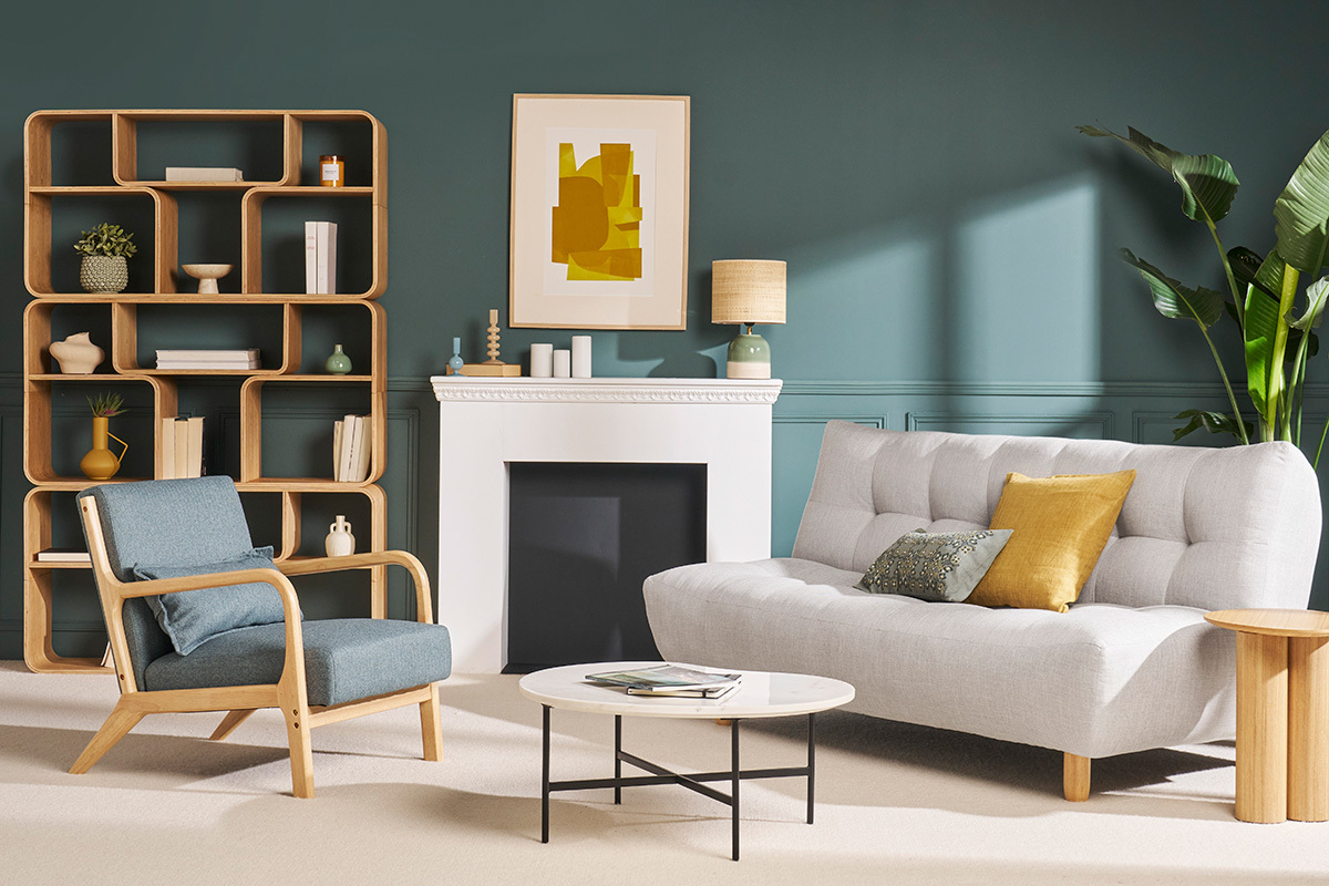 Canap convertible scandinave 3 places en tissu gris clair et bois clair YUMI