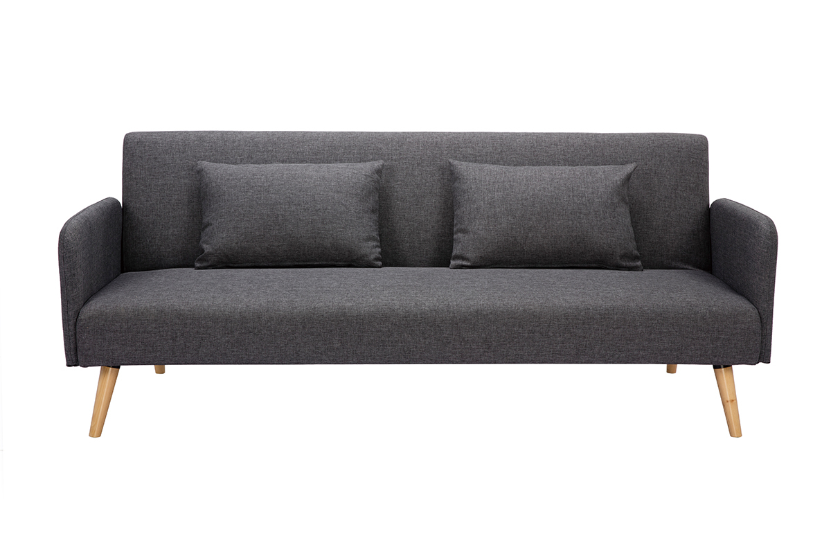 Canap convertible scandinave 3 places en tissu gris fonc et bois clair LULA