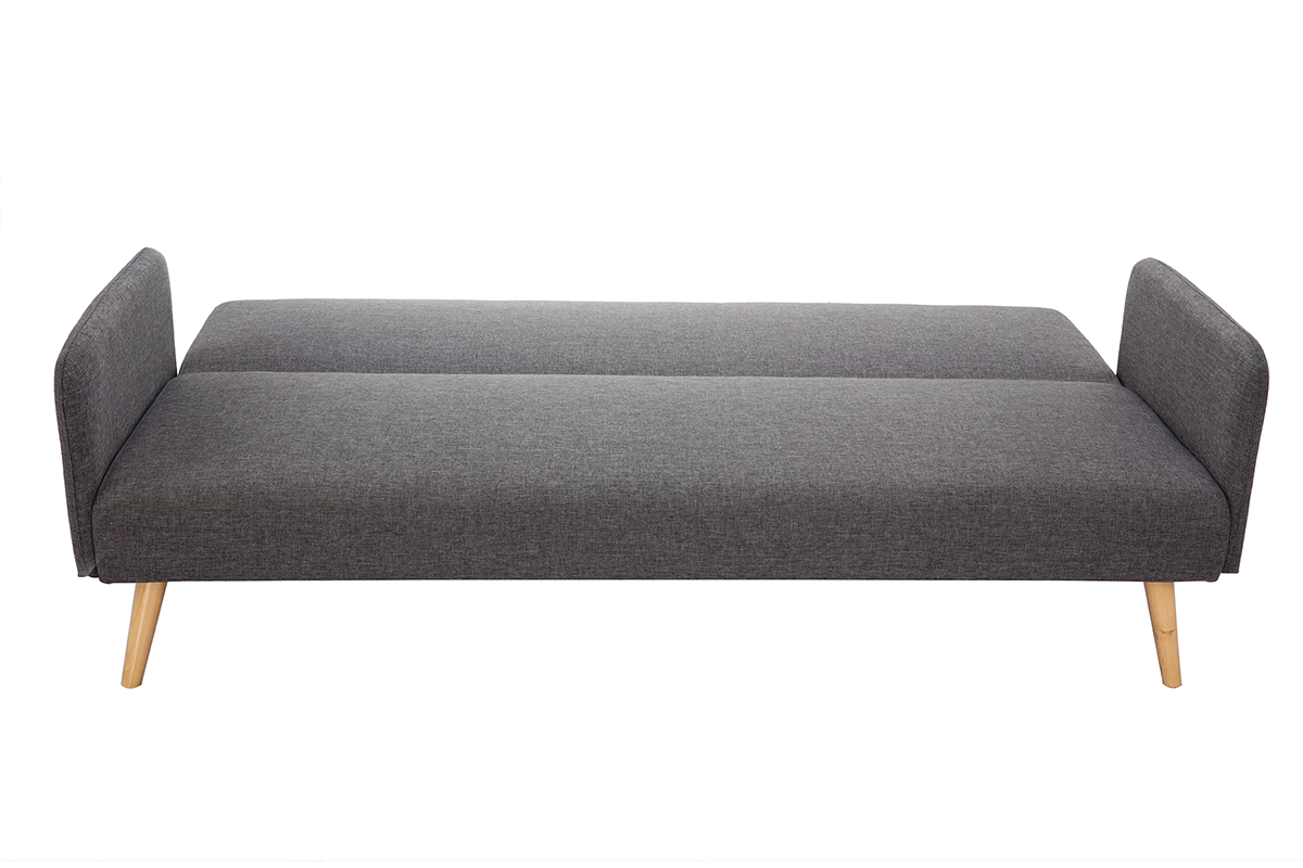 Canap convertible scandinave 3 places en tissu gris fonc et bois clair LULA