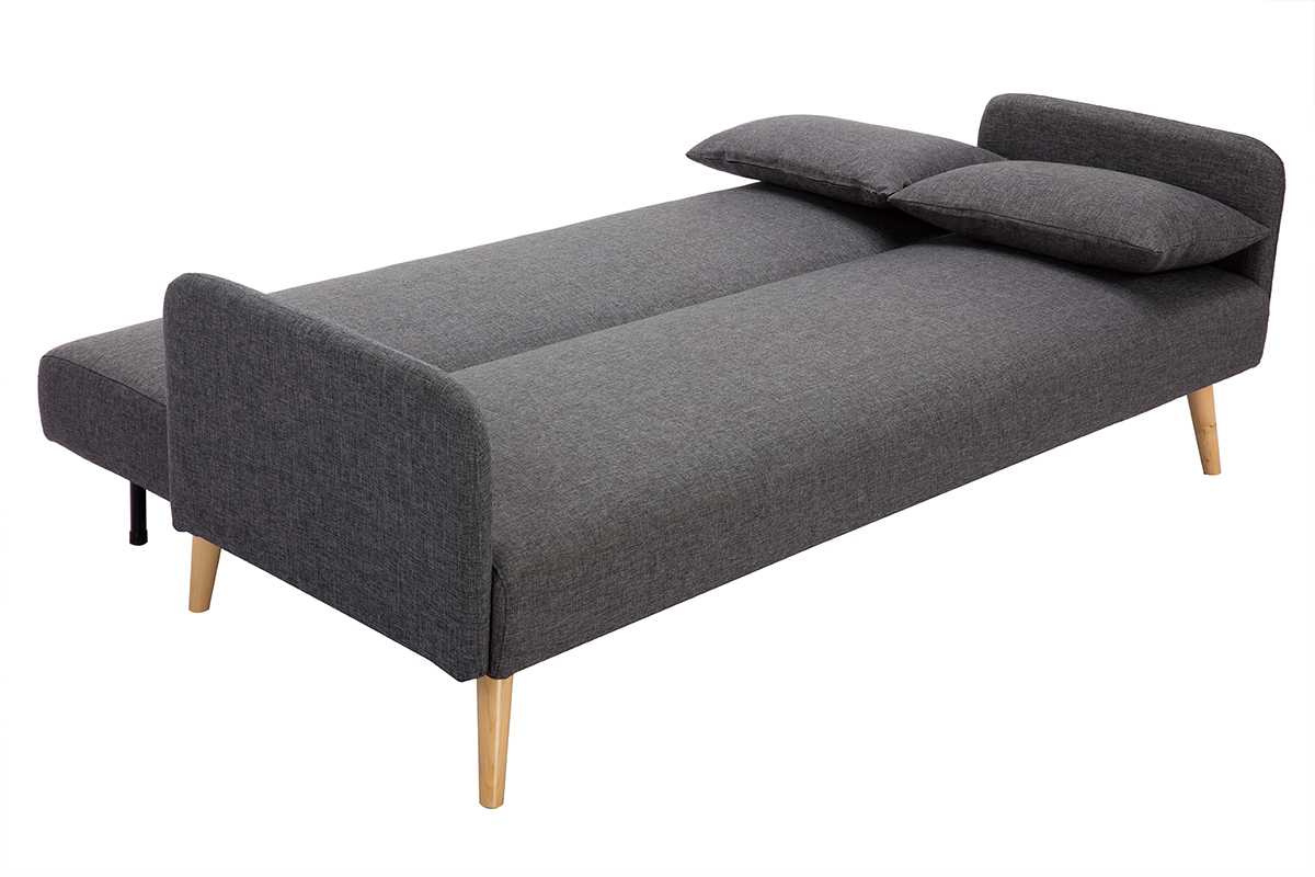 Canap convertible scandinave 3 places en tissu gris fonc et bois clair LULA