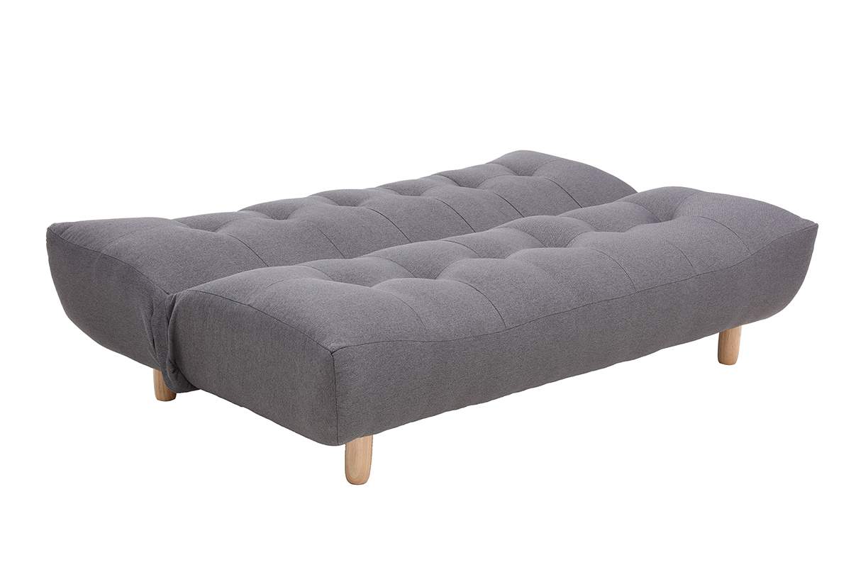 Canap convertible scandinave 3 places en tissu gris fonc et bois clair YUMI