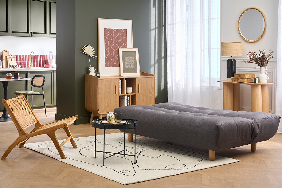 Canap� convertible scandinave 3 places en tissu gris fonc� et bois clair YUMI