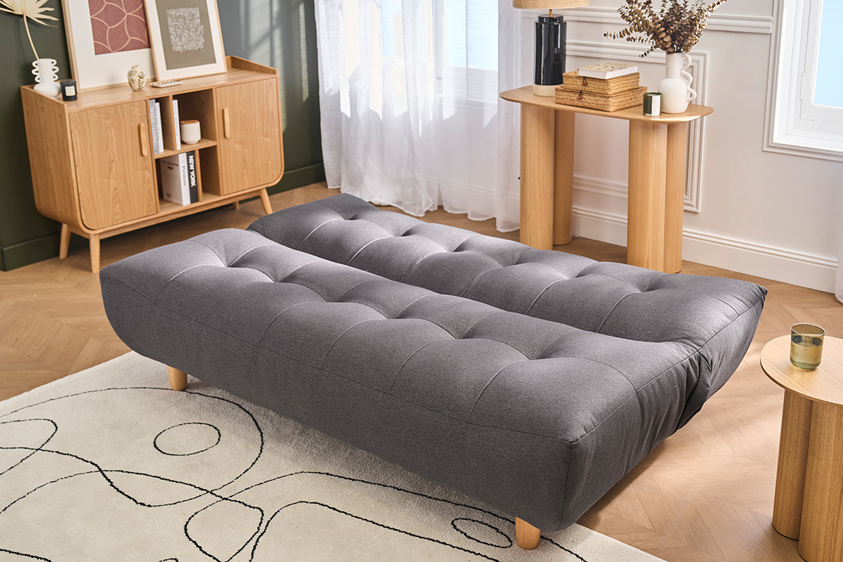 Canap� convertible scandinave 3 places en tissu gris fonc� et bois clair YUMI