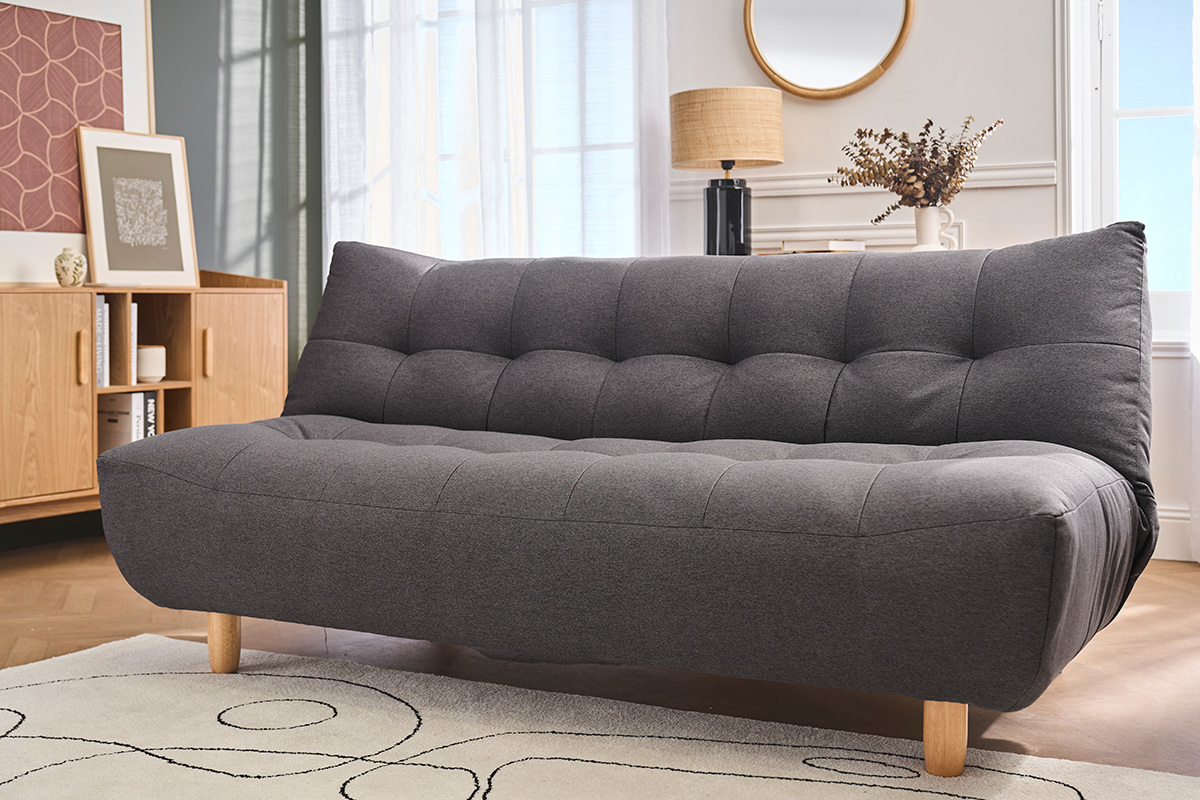 Canap� convertible scandinave 3 places en tissu gris fonc� et bois clair YUMI
