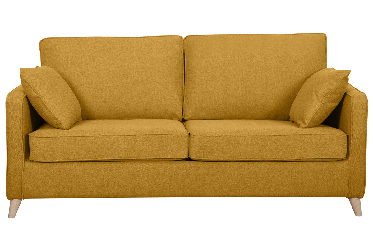 Canap convertible scandinave 3 places en tissu jaune cumin et bois clair avec matelas 10 cm PAPEL