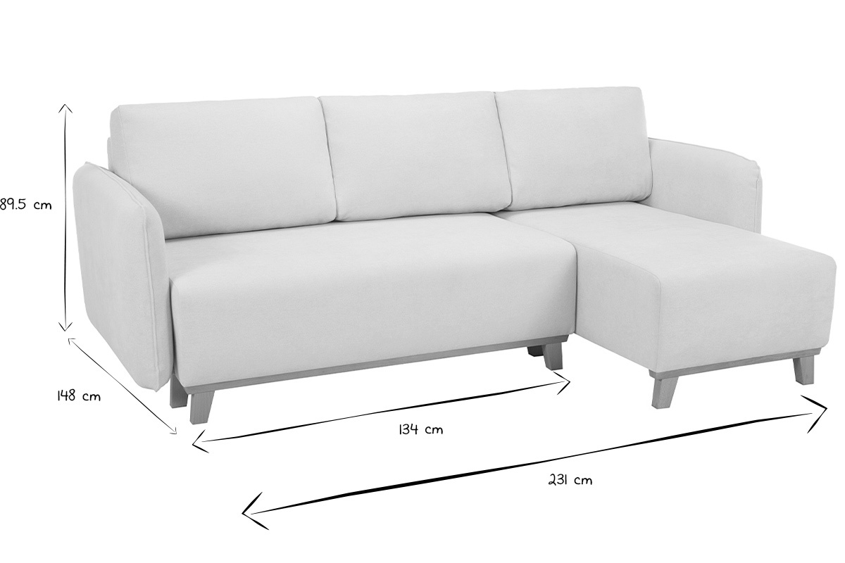 Canap d'angle convertible et rversible 3-4 places en tissu effet velours beige et bois clair ROMANE