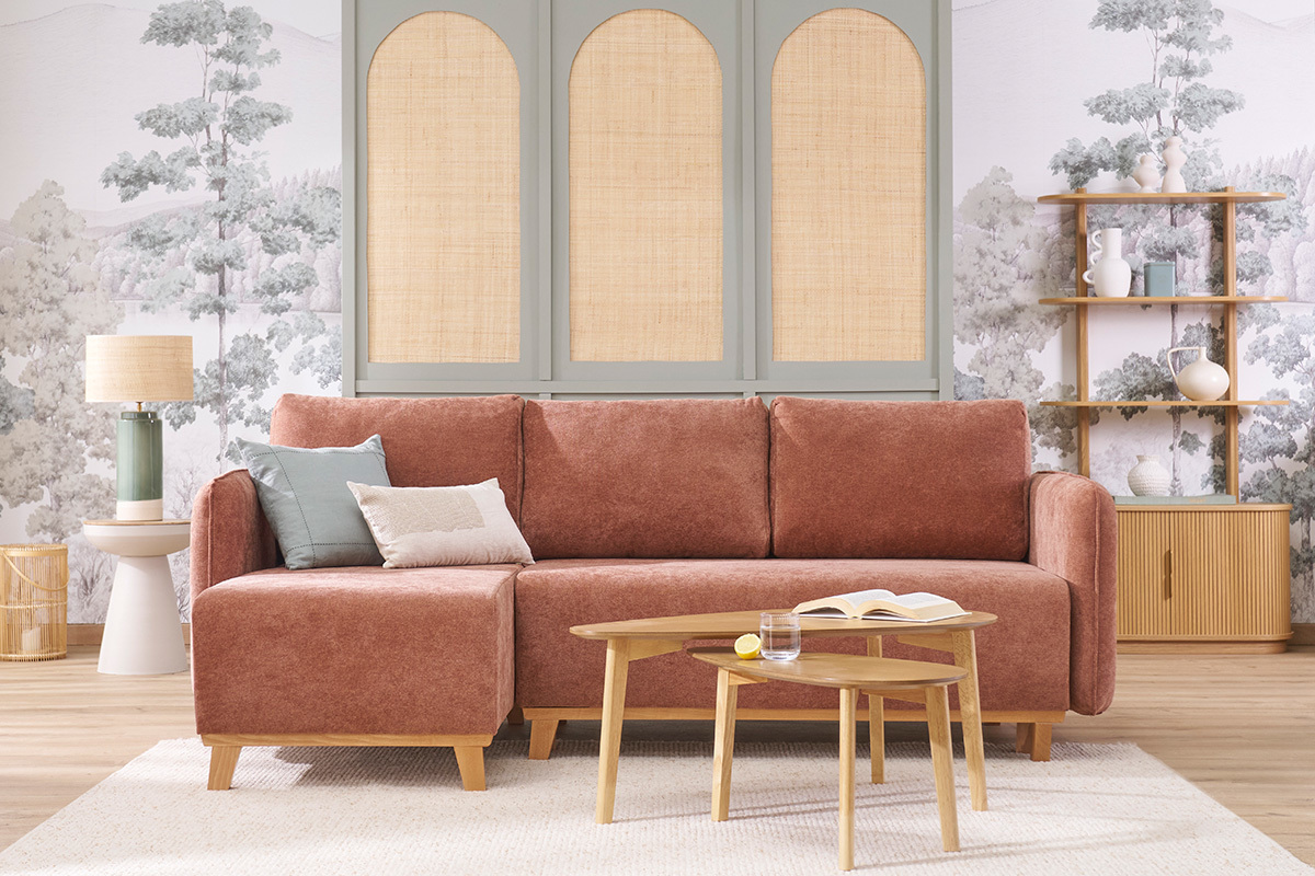 Canap d'angle convertible et rversible 3-4 places en tissu effet velours terre brle et bois clair ROMANE