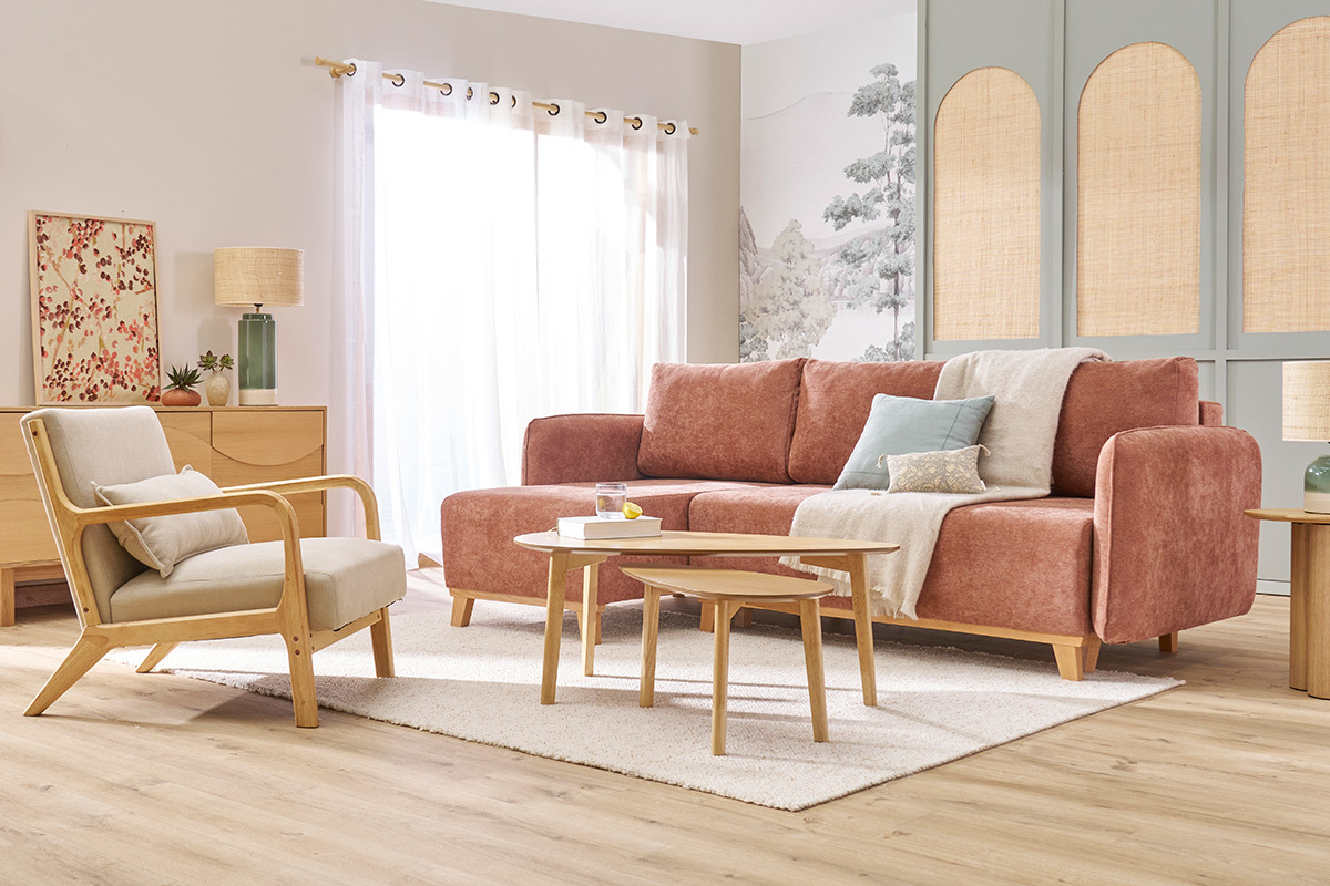 Canap d'angle convertible et rversible 3-4 places en tissu effet velours terre brle et bois clair ROMANE