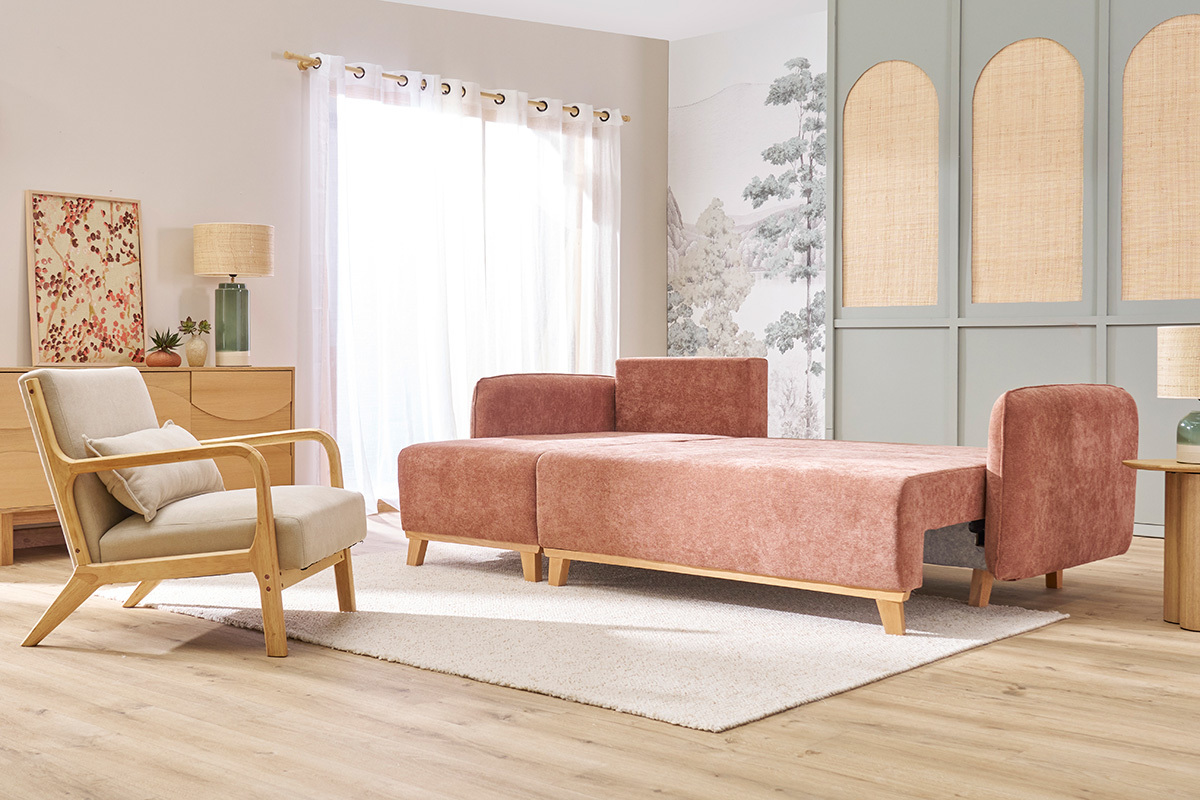 Canap d'angle convertible et rversible 3-4 places en tissu effet velours terre brle et bois clair ROMANE