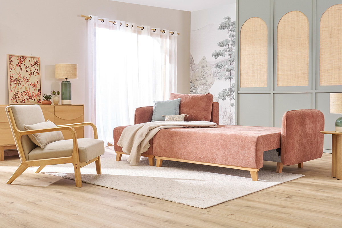 Canap d'angle convertible et rversible 3-4 places en tissu effet velours terre brle et bois clair ROMANE