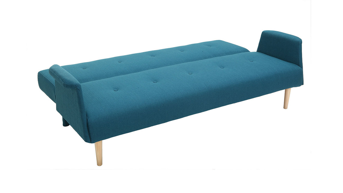 Canap d'angle convertible rversible 4 places en tissu bleu canard et bois clair OSCAR