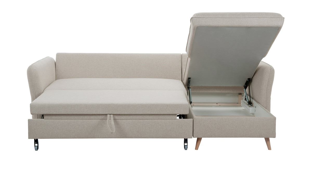 Canap d'angle convertible rversible avec coffre 3-4 places en tissu beige et bois clair DRISS