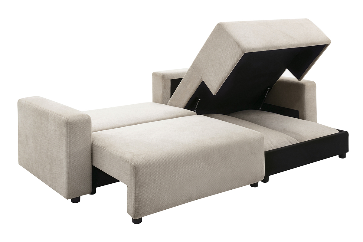 Canap� d'angle convertible r�versible avec coffre 3-4 places en tissu chenille beige NESTO