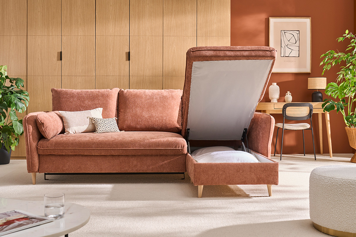 Canap d'angle convertible rversible avec coffre 3-4 places en tissu effet velours terre brle et bois clair DRISS