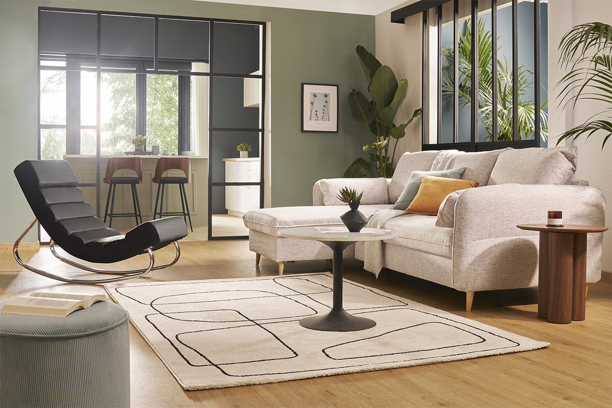 Canap d'angle convertible rversible avec coffre 3-4 places en tissu gris clair et bois clair DRISS