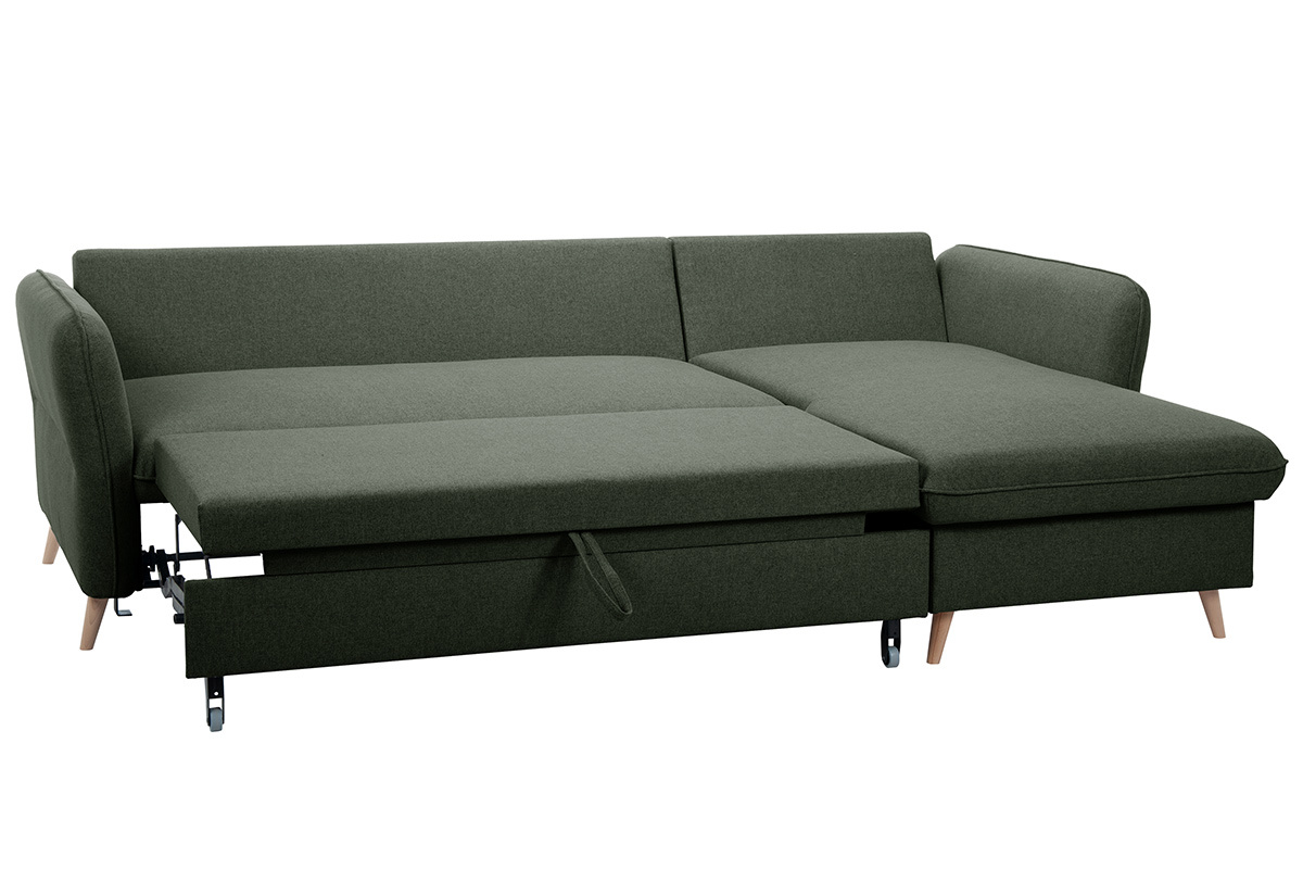 Canap d'angle convertible rversible avec coffre 3-4 places en tissu vert kaki et bois clair DRISS