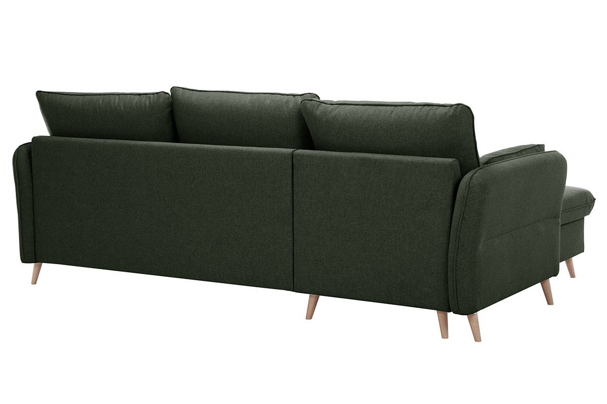 Canap d'angle convertible rversible avec coffre 3-4 places en tissu vert kaki et bois clair DRISS