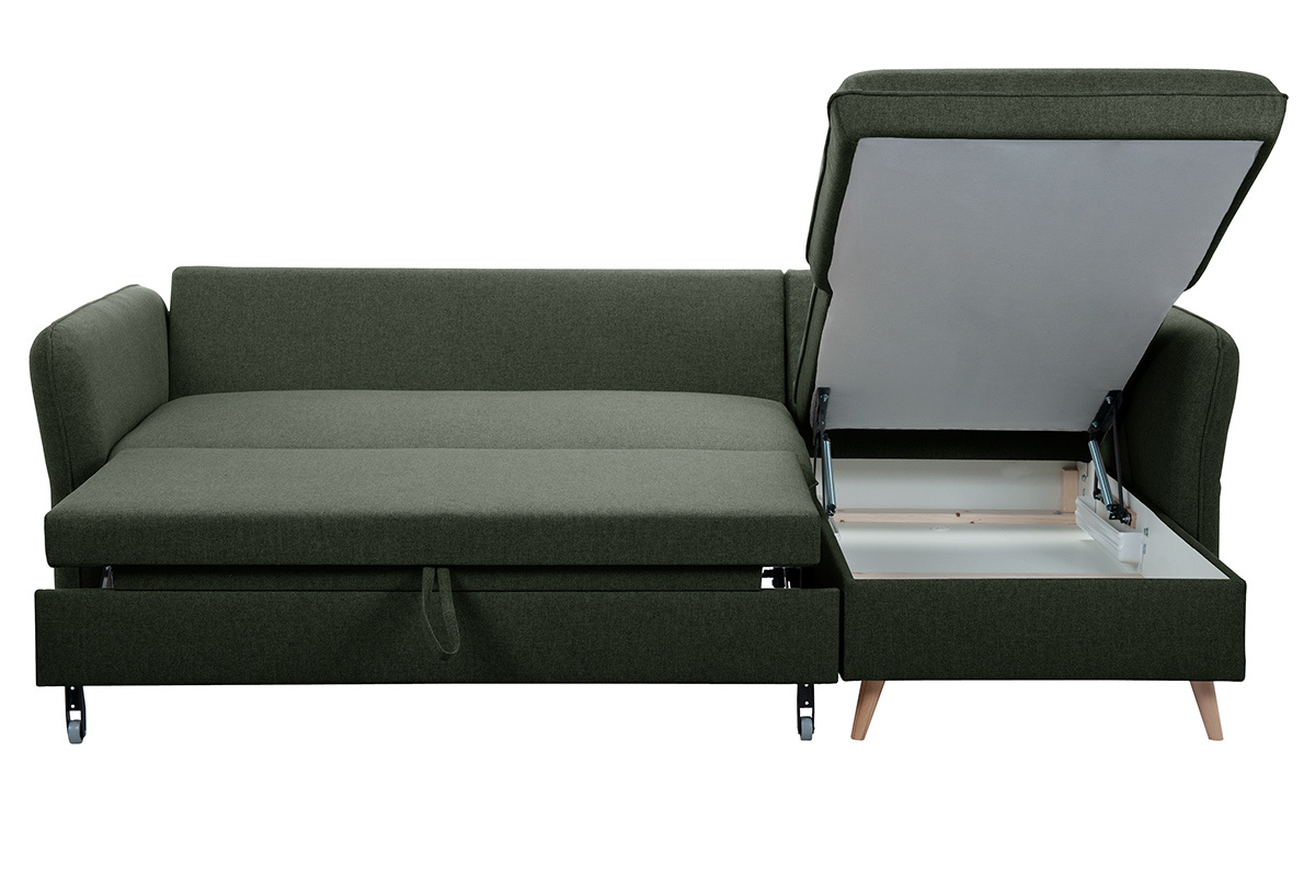 Canap d'angle convertible rversible avec coffre 3-4 places en tissu vert kaki et bois clair DRISS