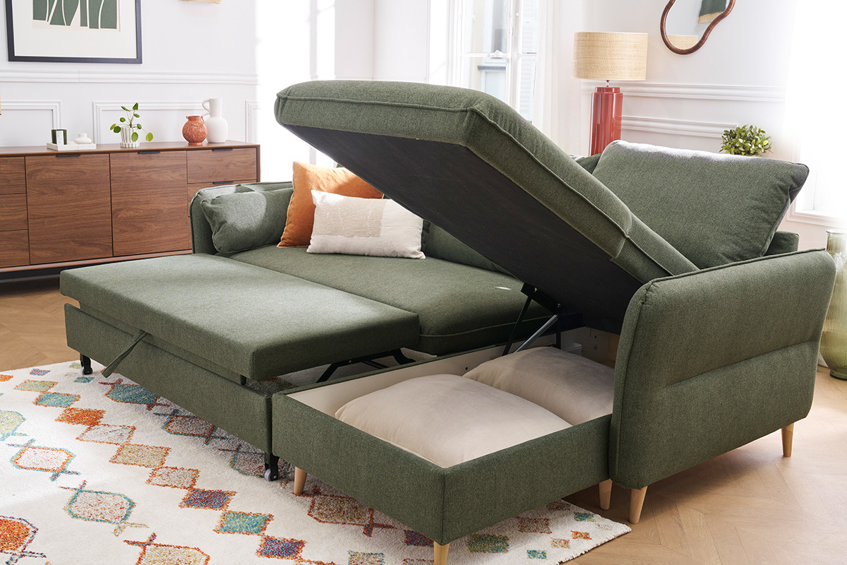 Canap d'angle convertible rversible avec coffre 3-4 places en tissu vert kaki et bois clair DRISS