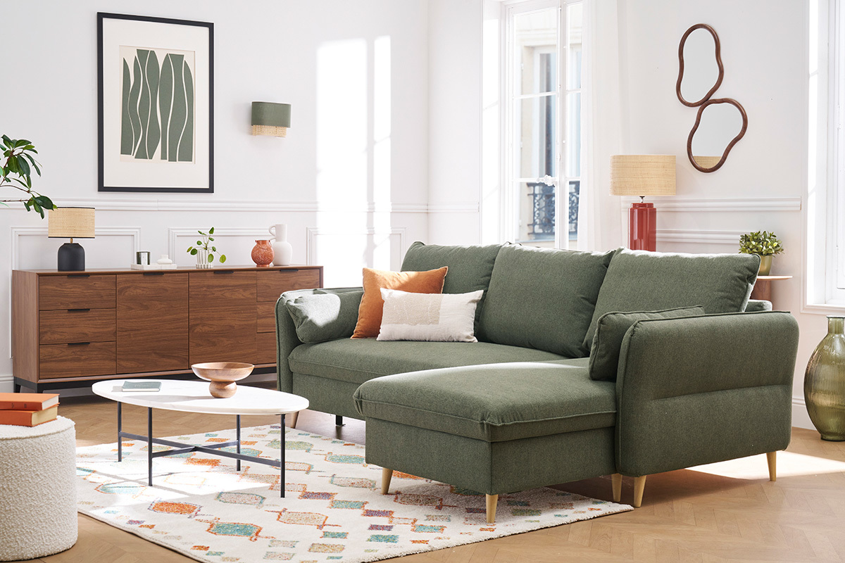 Canap d'angle convertible rversible avec coffre 3-4 places en tissu vert kaki et bois clair DRISS