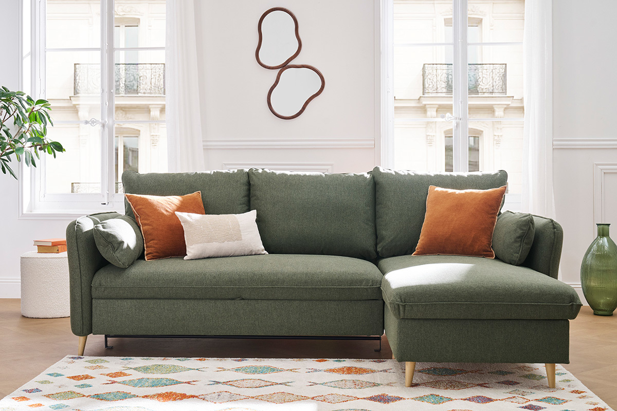 Canap d'angle convertible rversible avec coffre 3-4 places en tissu vert kaki et bois clair DRISS