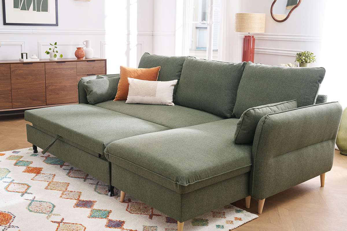 Canap d'angle convertible rversible avec coffre 3-4 places en tissu vert kaki et bois clair DRISS