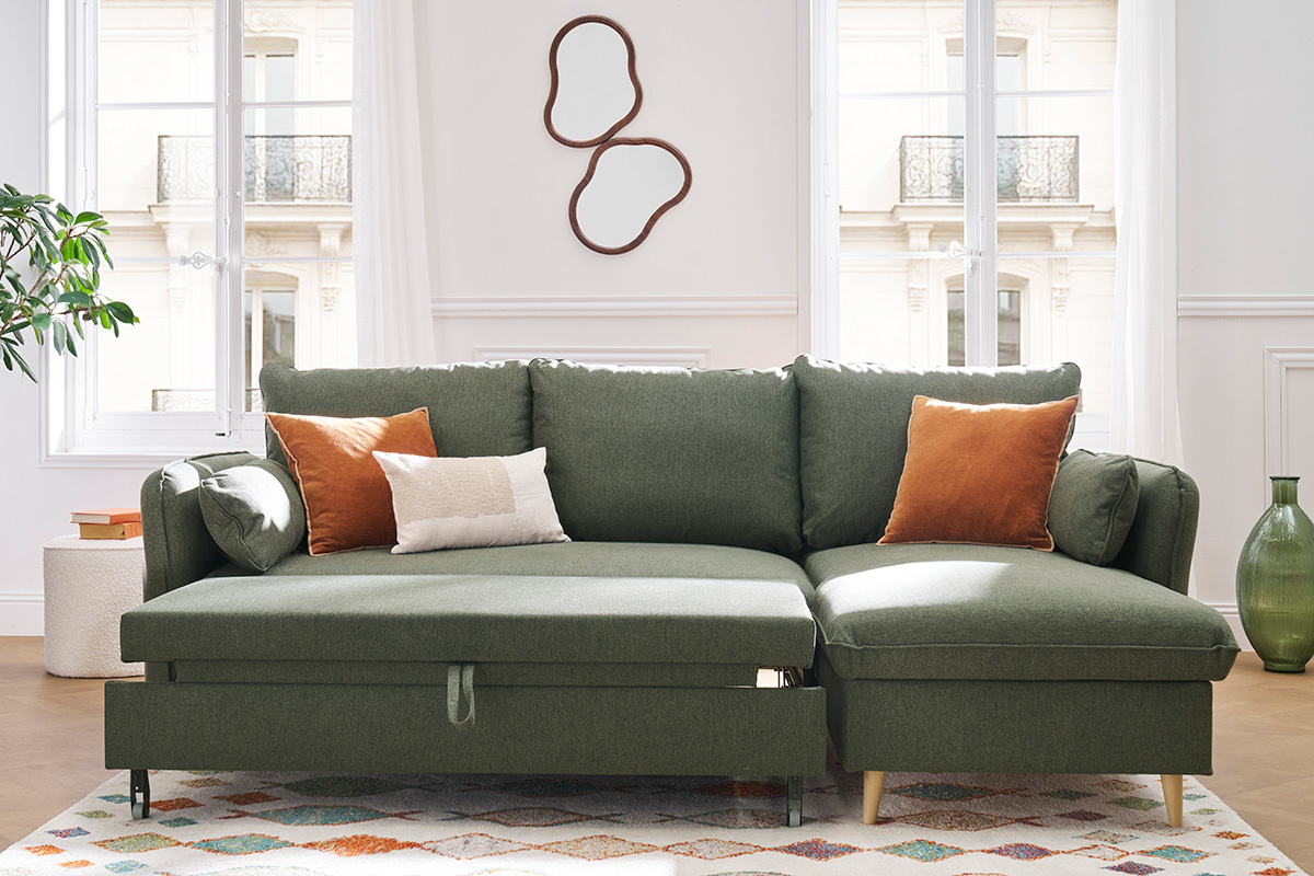 Canap d'angle convertible rversible avec coffre 3-4 places en tissu vert kaki et bois clair DRISS