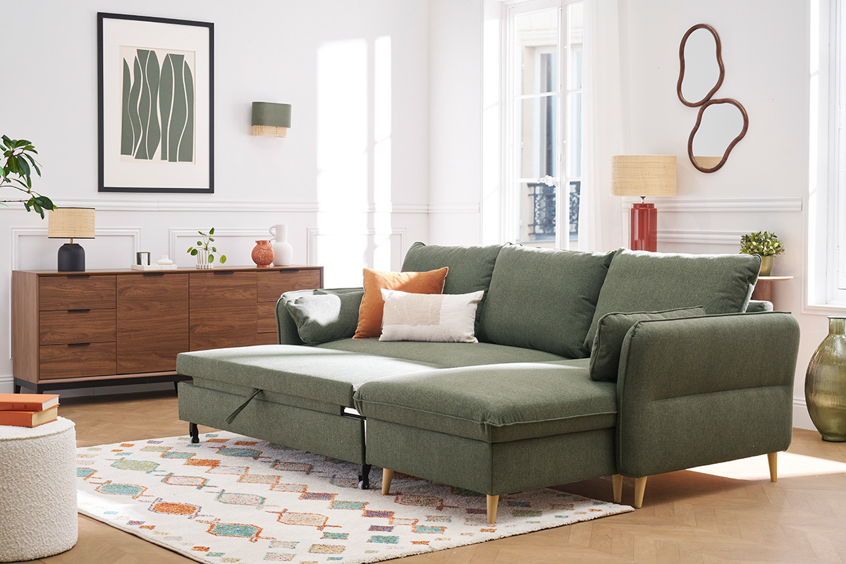 Canap d'angle convertible rversible avec coffre 3-4 places en tissu vert kaki et bois clair DRISS