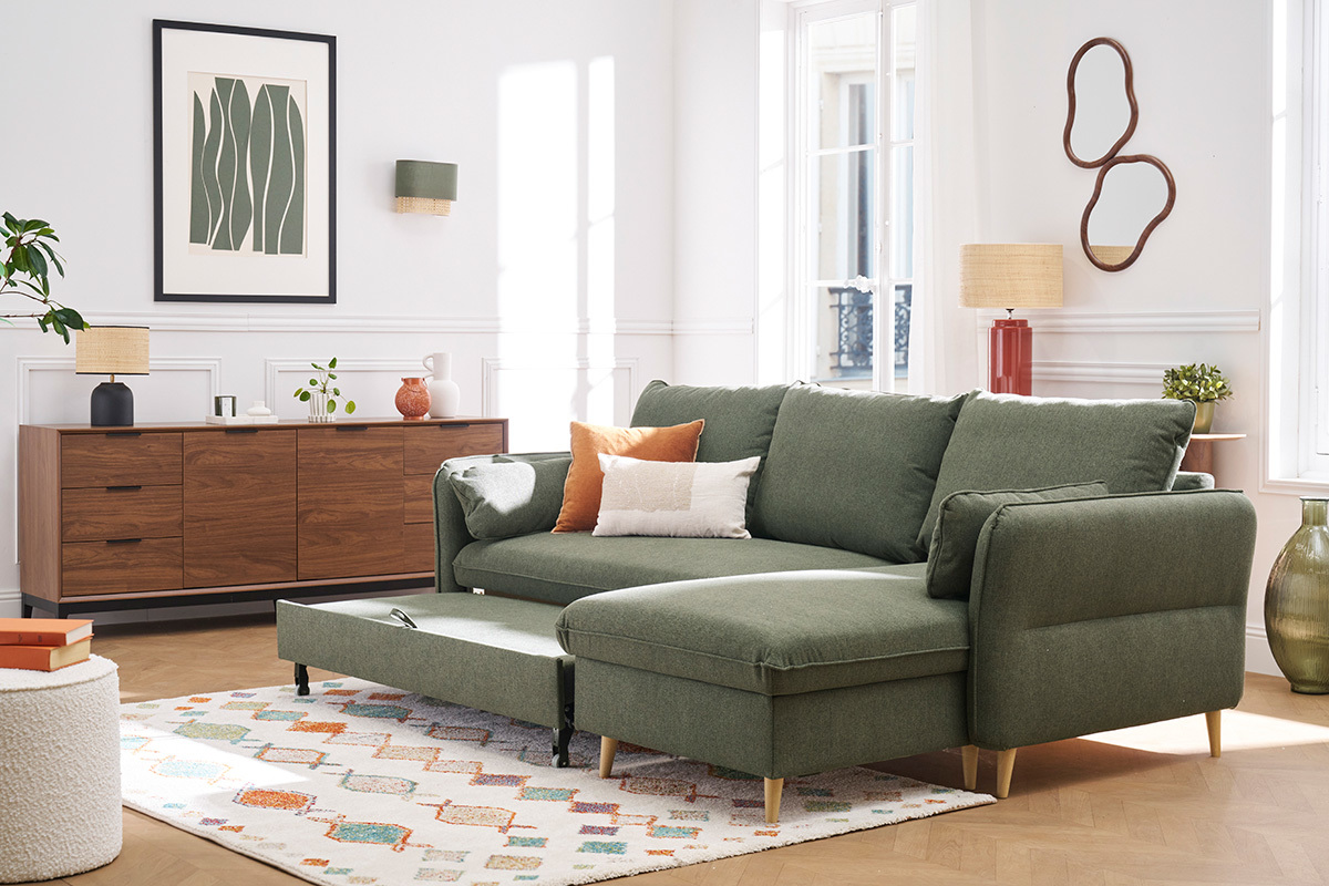 Canap d'angle convertible rversible avec coffre 3-4 places en tissu vert kaki et bois clair DRISS