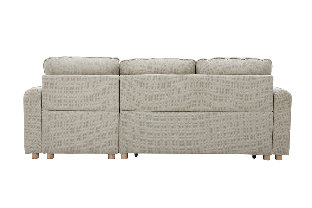 Canap d'angle convertible rversible avec coffre 3 places en tissu chenille beige et bois clair ORSO