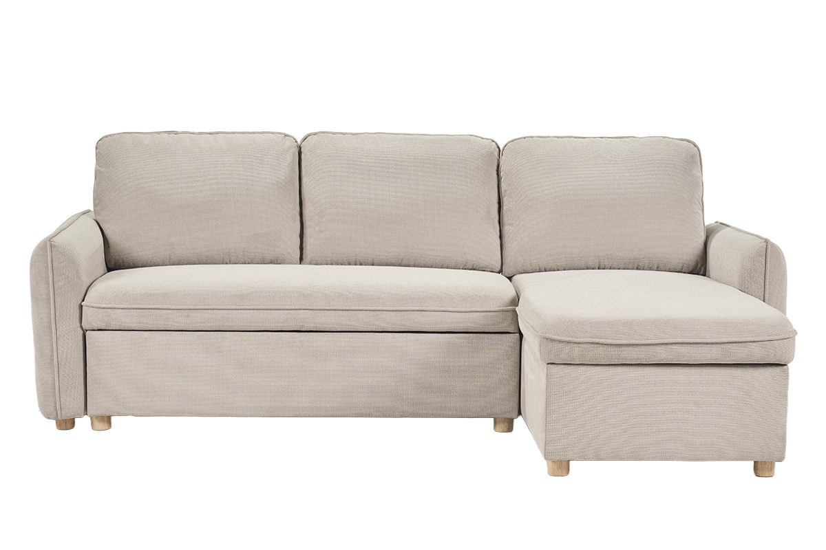 Canap� d'angle convertible r�versible avec coffre 3 places en tissu chenille beige et bois clair ORSO