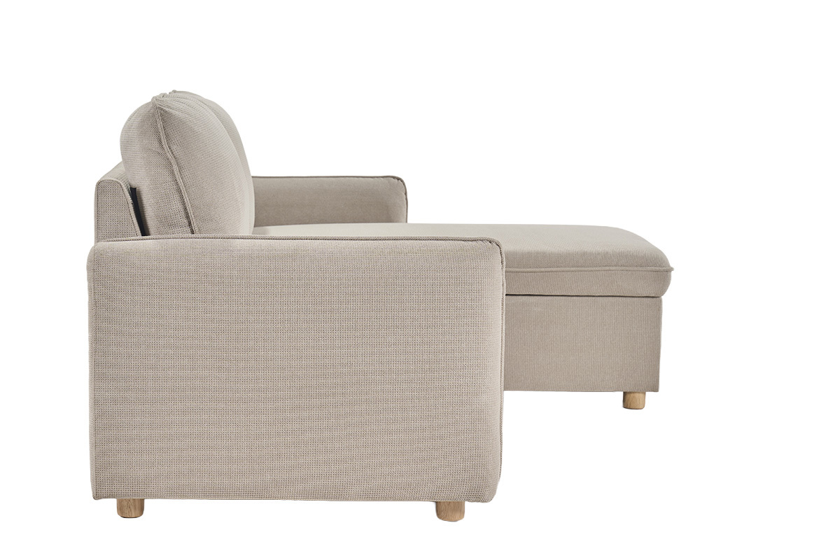 Canap� d'angle convertible r�versible avec coffre 3 places en tissu chenille beige et bois clair ORSO
