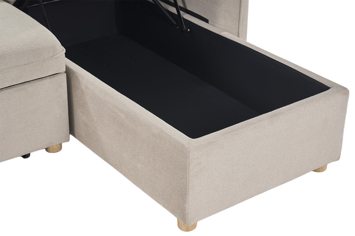Canap� d'angle convertible r�versible avec coffre 3 places en tissu chenille beige et bois clair ORSO