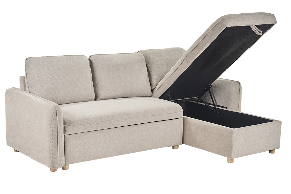 Canap� d'angle convertible r�versible avec coffre 3 places en tissu chenille beige et bois clair ORSO