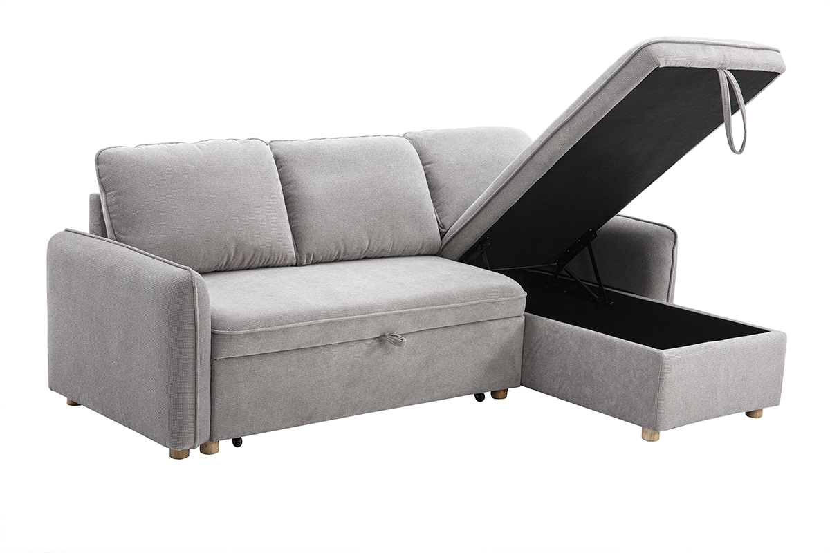 Canap� d'angle convertible r�versible avec coffre 3 places en tissu chenille gris et bois clair ORSO