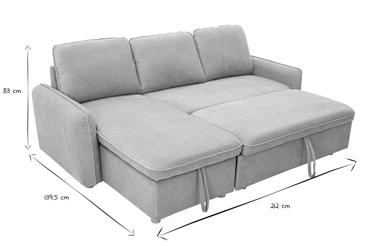 Canap� d'angle convertible r�versible avec coffre 3 places en tissu chenille gris et bois clair ORSO