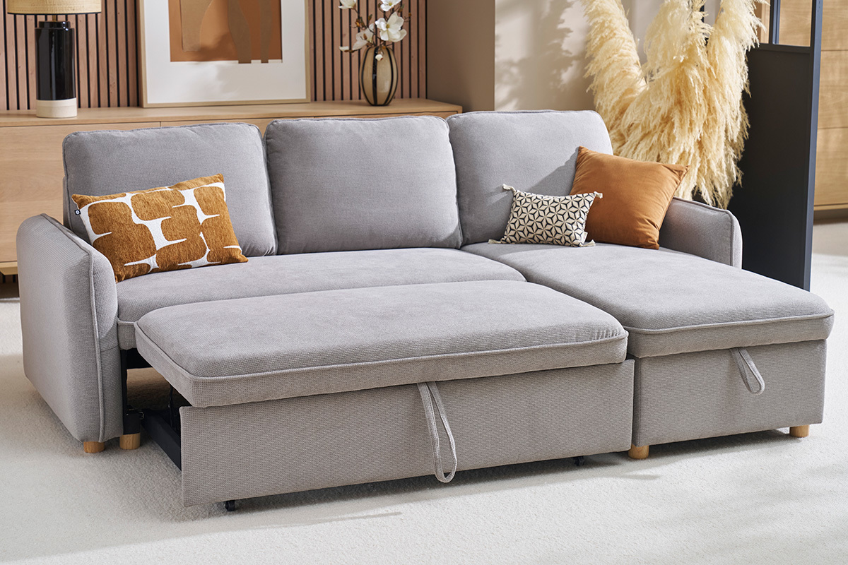 Canap� d'angle convertible r�versible avec coffre 3 places en tissu chenille gris et bois clair ORSO