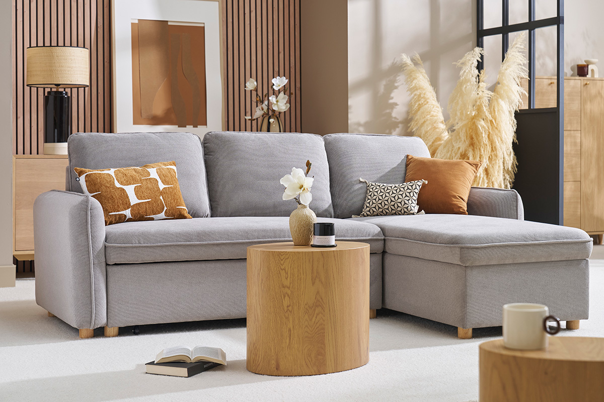 Canap� d'angle convertible r�versible avec coffre 3 places en tissu chenille gris et bois clair ORSO