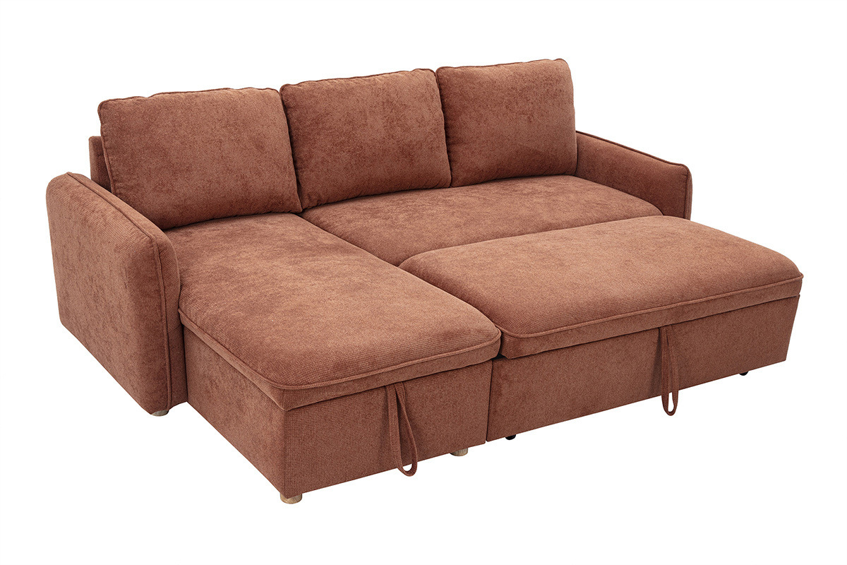 Canap d'angle convertible rversible avec coffre 3 places en tissu chenille terre brle et bois clair ORSO