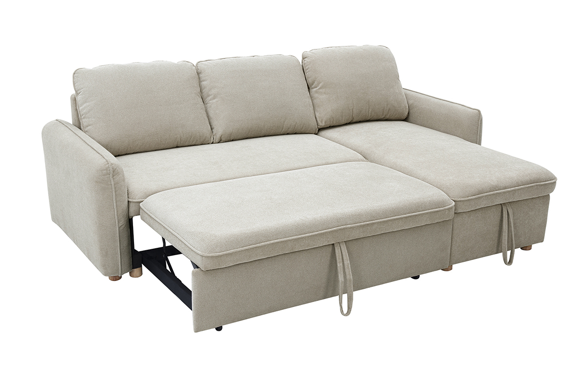 Canap d'angle convertible rversible avec coffre 3 places en tissu effet velours textur beige et bois clair ORSO