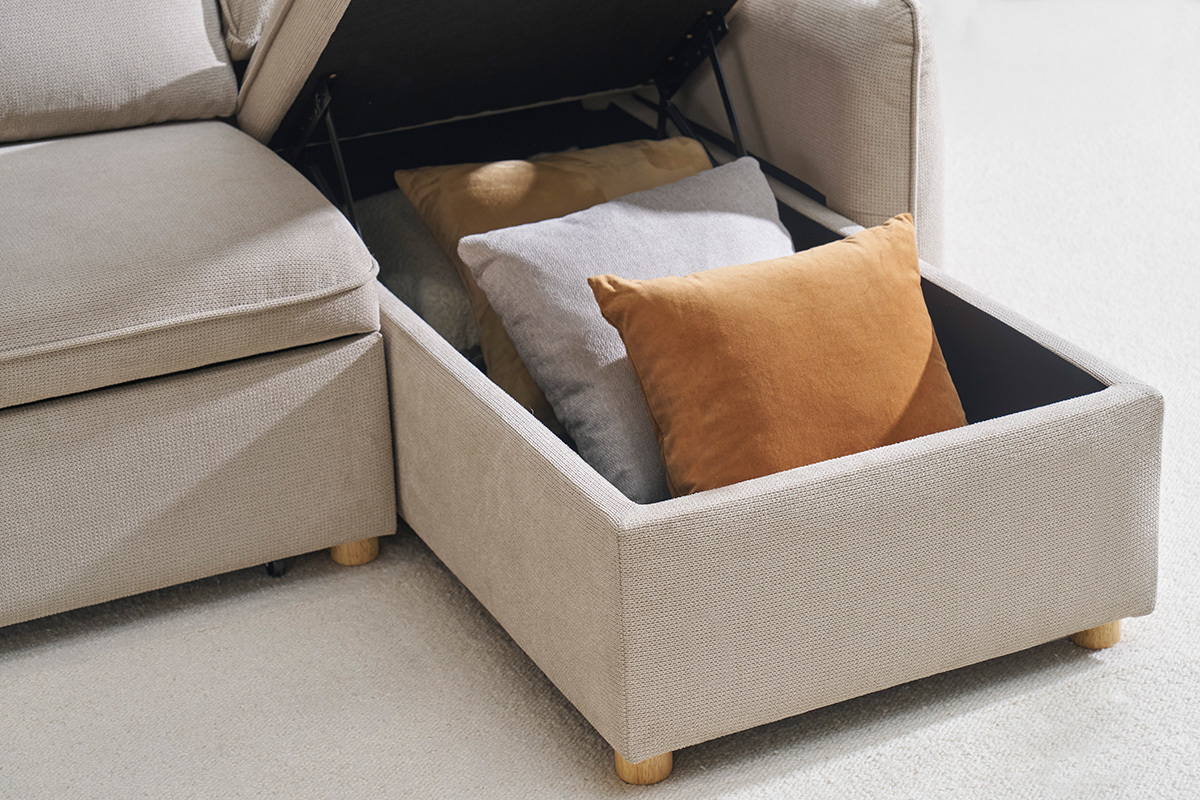 Canap d'angle convertible rversible avec coffre 3 places en tissu effet velours textur beige et bois clair ORSO