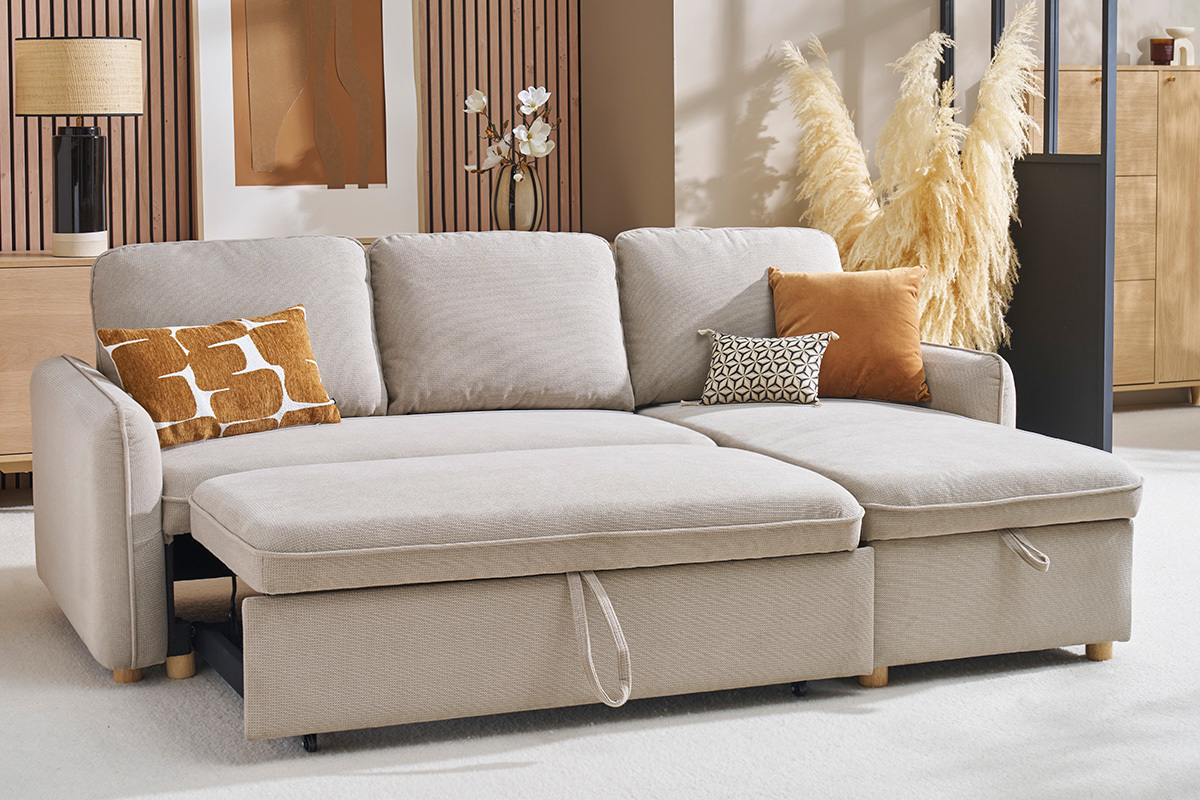 Canap d'angle convertible rversible avec coffre 3 places en tissu effet velours textur beige et bois clair ORSO