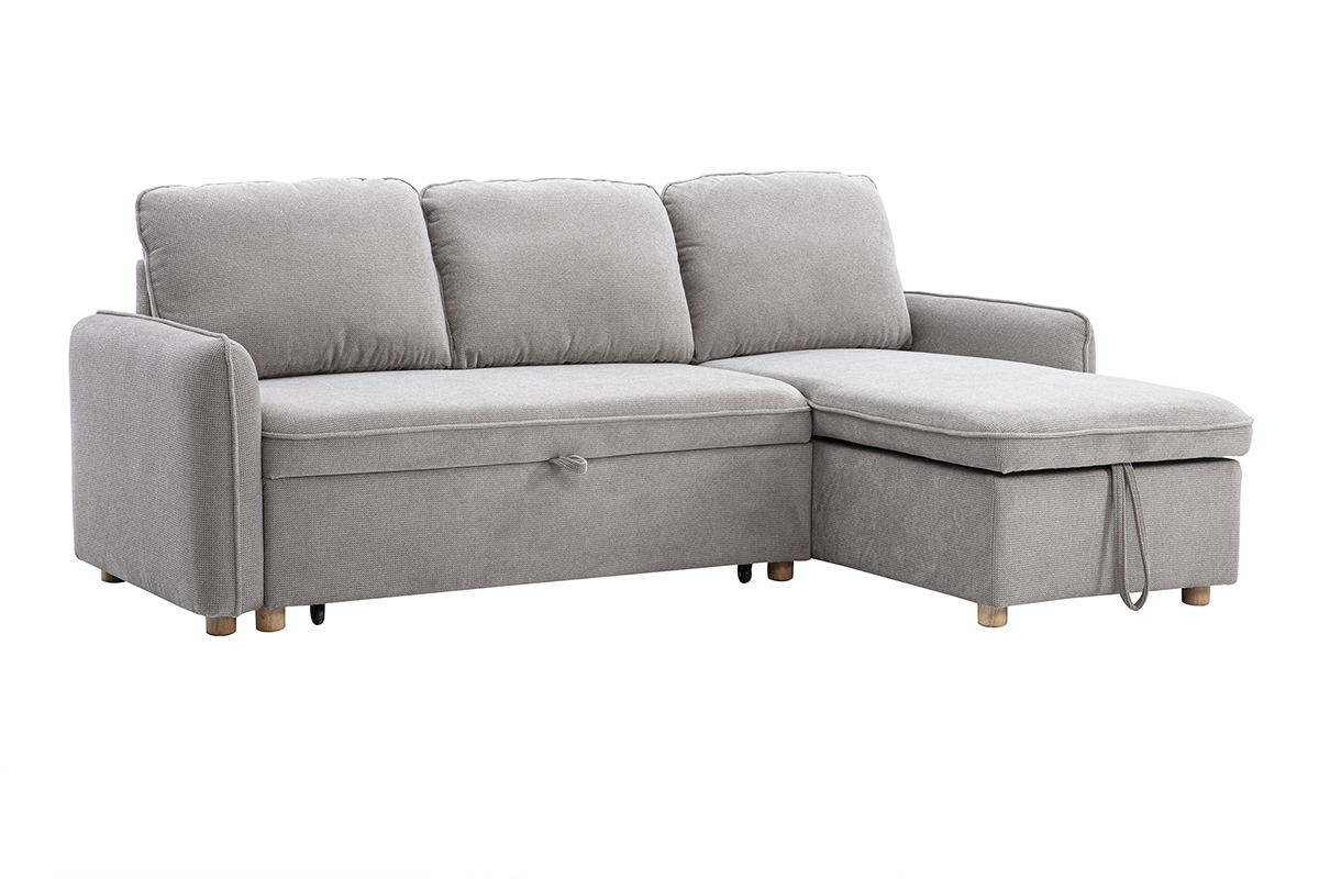 Canap d'angle convertible rversible avec coffre 3 places en tissu effet velours textur gris et bois clair ORSO