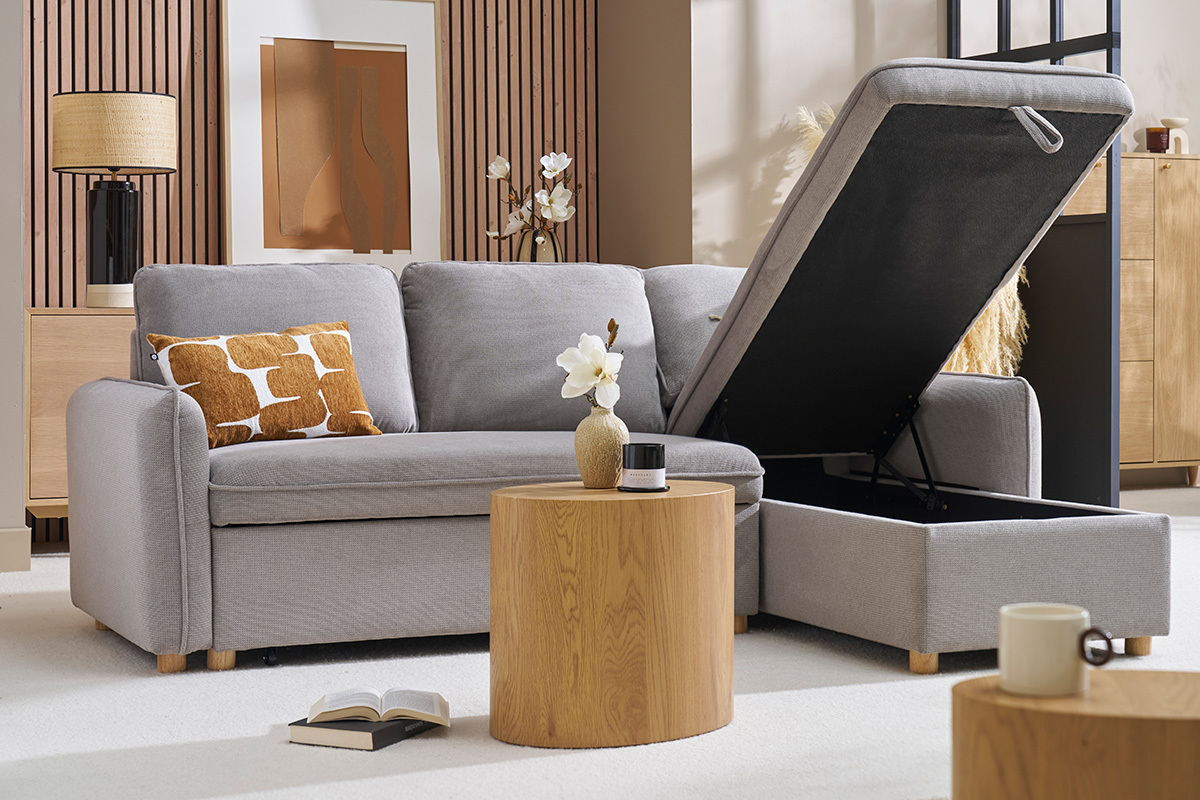 Canap d'angle convertible rversible avec coffre 3 places en tissu effet velours textur gris et bois clair ORSO