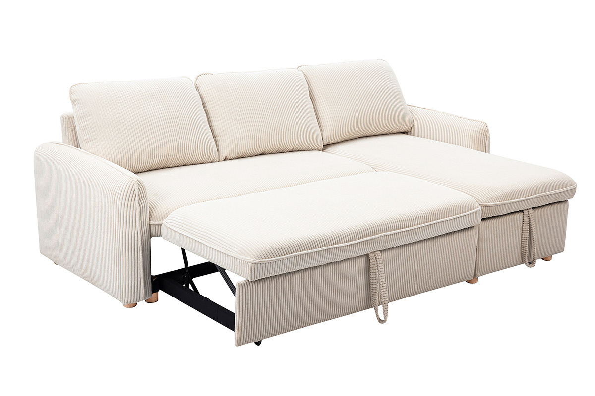 Canap d'angle convertible rversible avec coffre 3 places en tissu velours ctel beige et bois clair ORSO