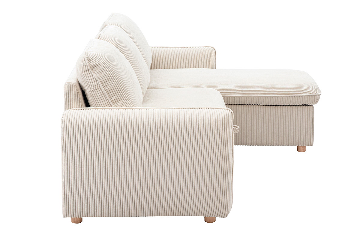 Canap d'angle convertible rversible avec coffre 3 places en tissu velours ctel beige et bois clair ORSO