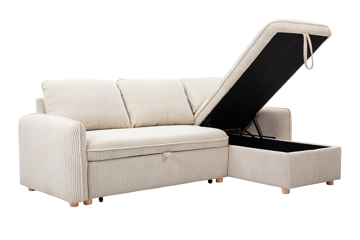 Canap d'angle convertible rversible avec coffre 3 places en tissu velours ctel beige et bois clair ORSO