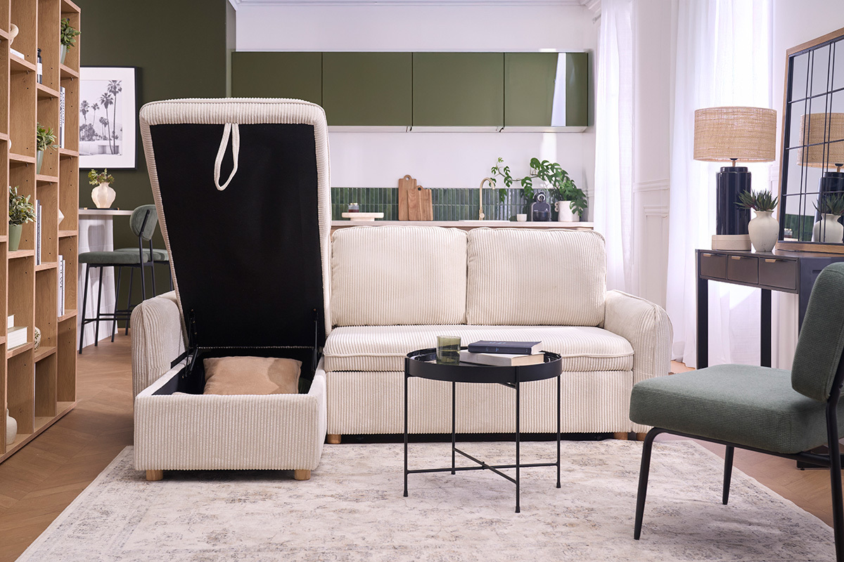 Canap� d'angle convertible r�versible avec coffre 3 places en tissu velours c�tel� beige et bois clair ORSO