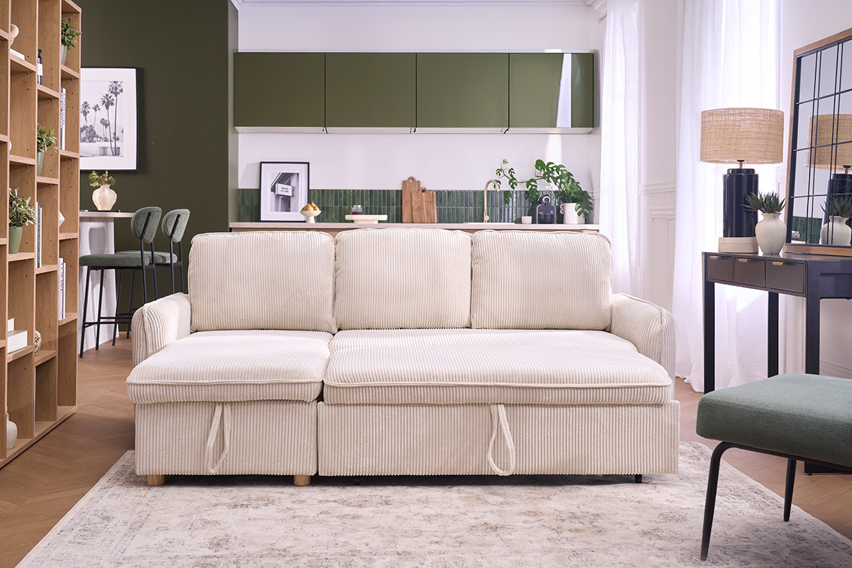 Canap� d'angle convertible r�versible avec coffre 3 places en tissu velours c�tel� beige et bois clair ORSO