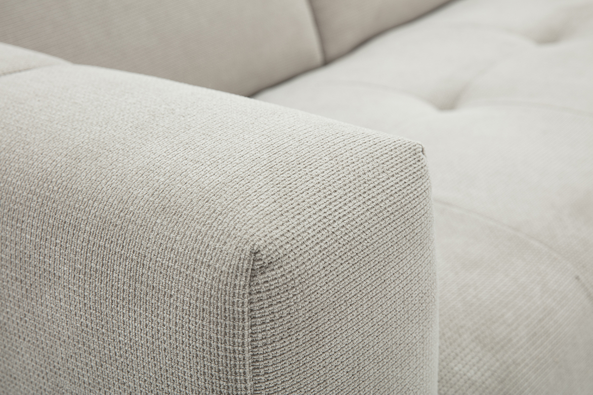 Canap� d'angle droit 3 places avec t�ti�res ajustables en tissu chenille beige et m�tal NORELL